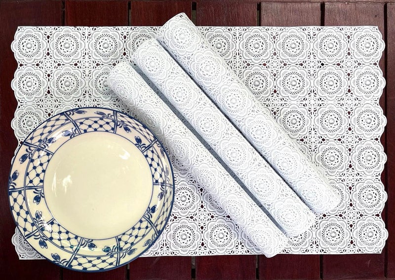 AMORNPHAN 4 Pieces White Rectangle Floral Lace Classic Style Woven Vinyl Non-Slip Heat-Resistant Placemat Table Pad Table Mats Dinning Washable for Kitchen Decor 12X19.5 Inches - Image 3